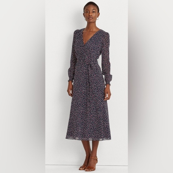 LAUREN Ralph Lauren black pink Floral‎ Georgette long sleeve Dress size 0 new - Picture 1 of 8